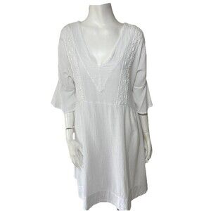 Manta del Lago Caftan Dress M Beach Cover Up White Cotton Crochet Cottage Resort